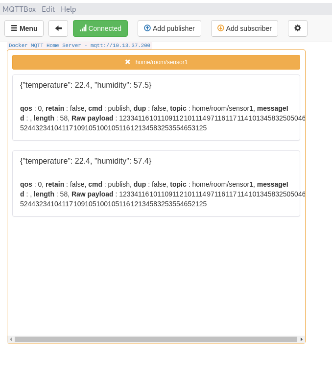 Screenshot MQTTBox with subscribtion to MQTT topic