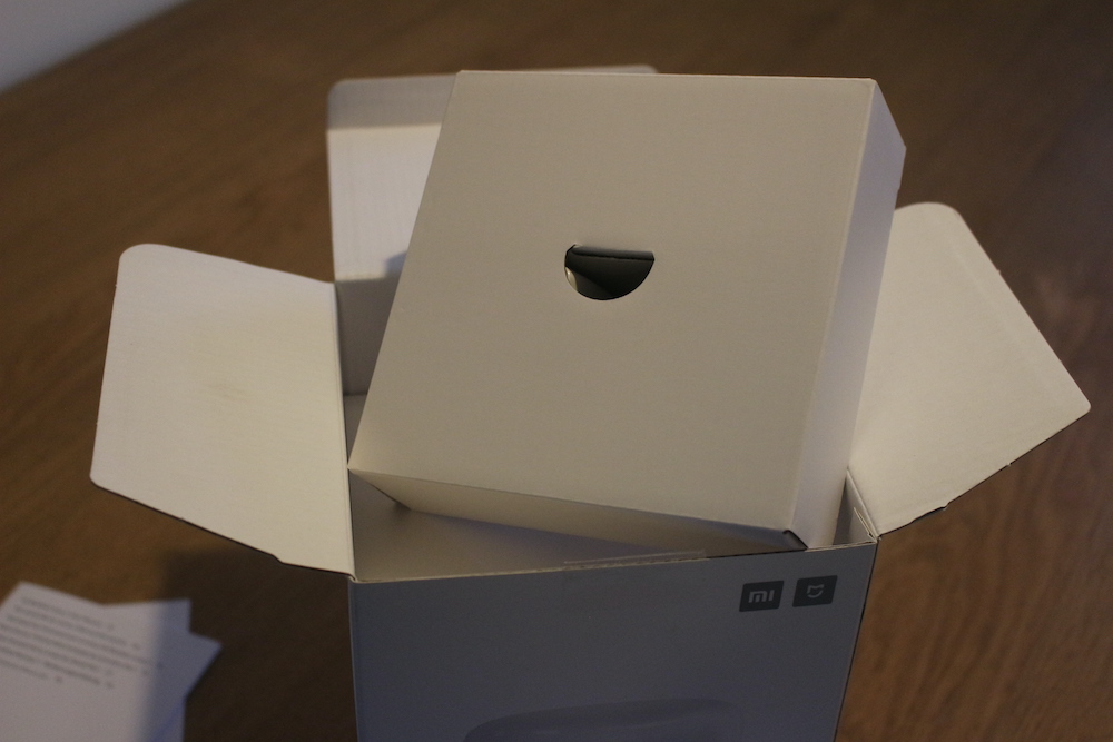 Inside of the Xiaomi Mijia Bedside Lamp 2 box with where the adapter is